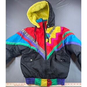 Vintage Fun Club Kids Size 12 Colorblock Puffer Jacket 90s Geometric Hooded Zip